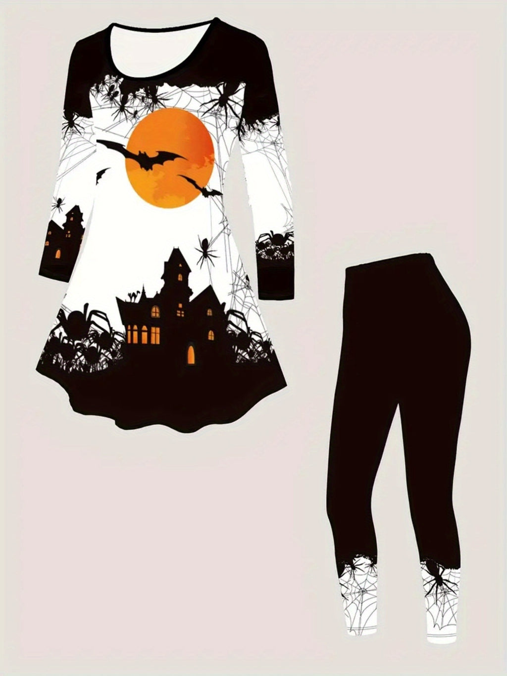 Halloween Spider Moon Bat Print T-Shirt and Spider Web Print Leggings Set