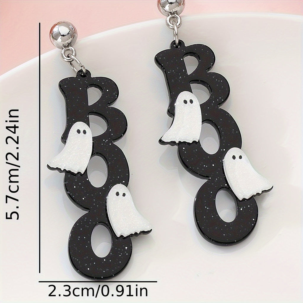 A Pair of Stylish Drop Earrings for Women Featuring a Spooky BOO Ghost Design, Perfect As a Gift for Holiday Parties