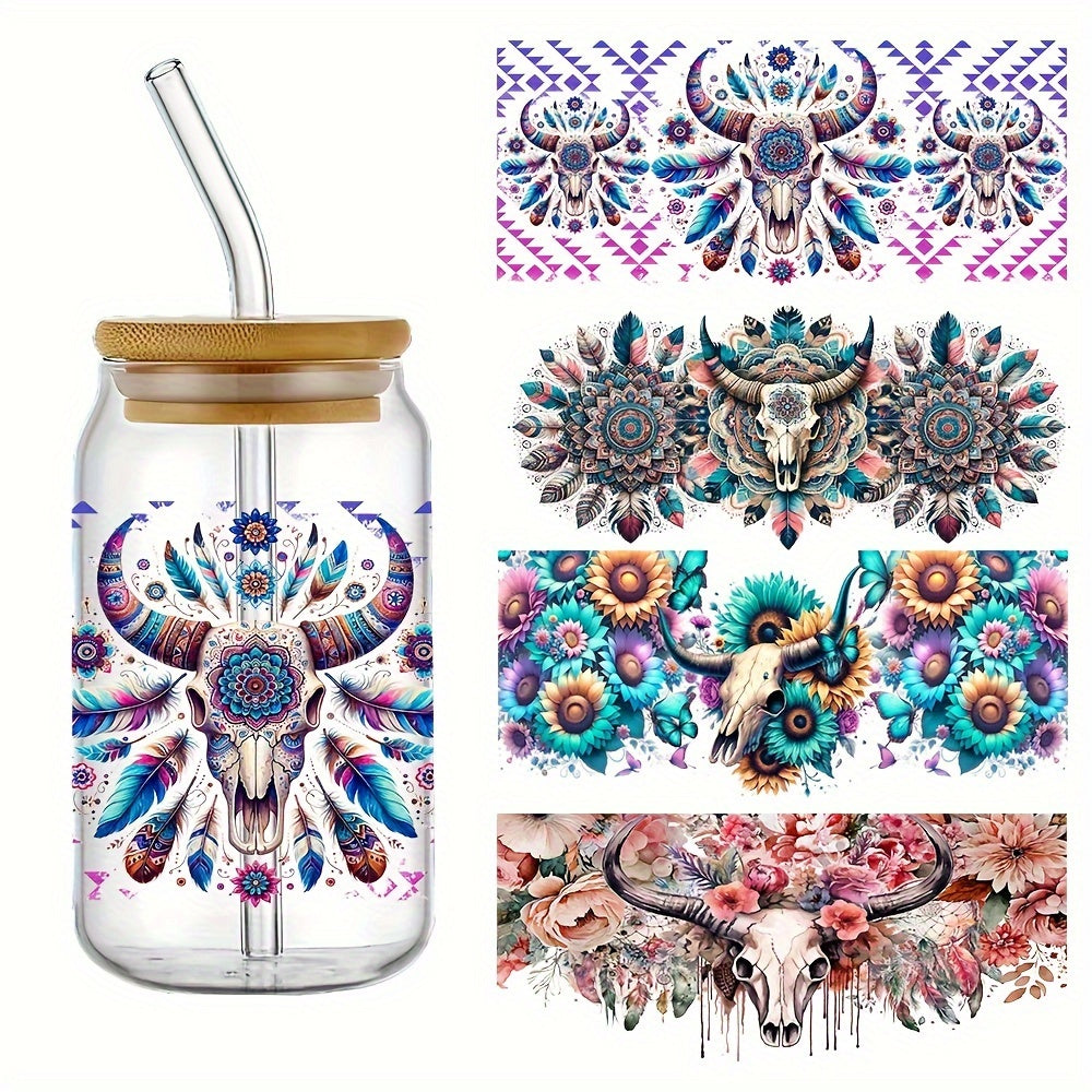 Bull Skull 4pcs Set UV DTF Self-Adhesive Cup Wraps, Waterproof & Scratch-Resistant 3D Crystal Stickers for Tumblers & Bottles - Premium Quality Decals (4.3"x9.4")