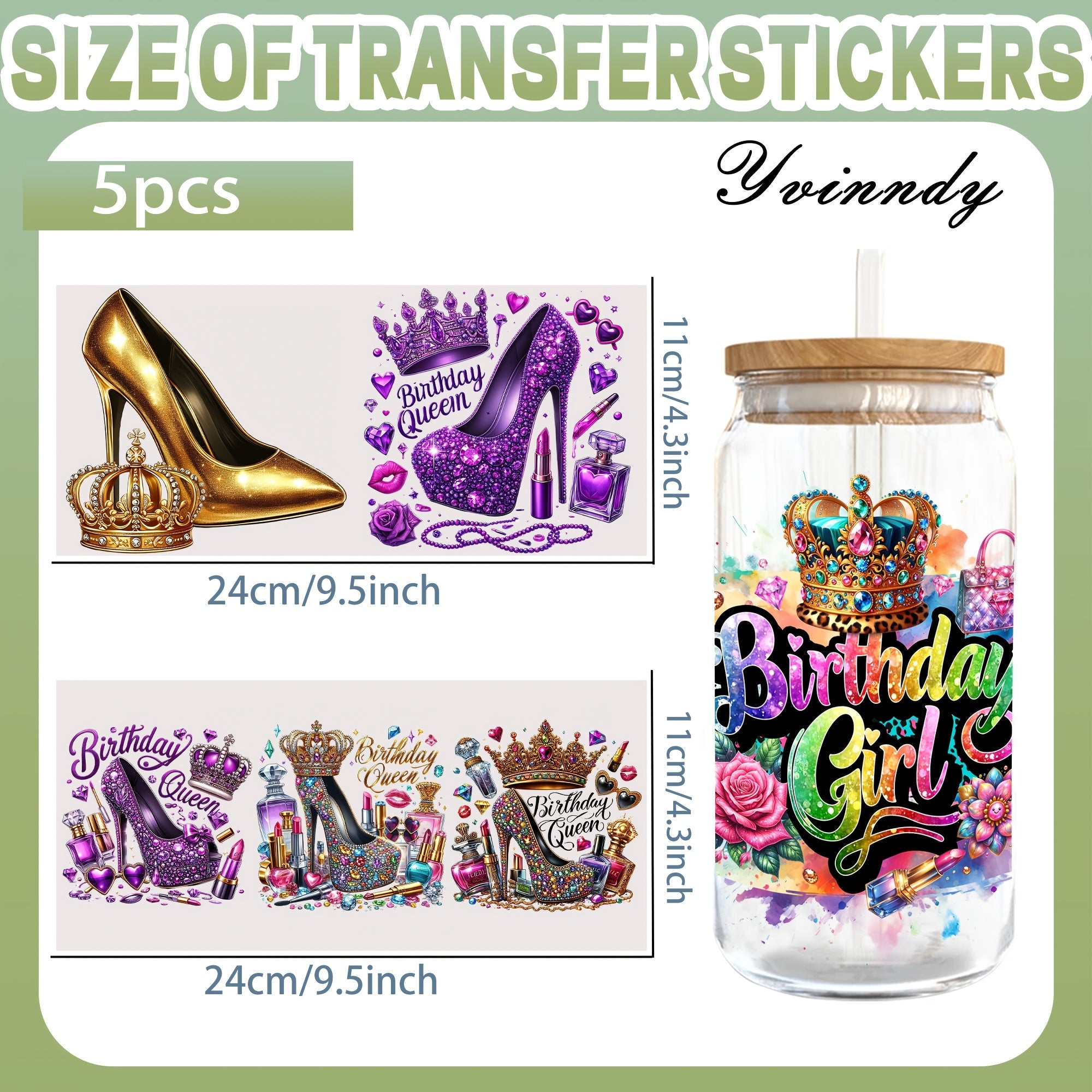 5pcs YVINNDY UV DTF Transfer Sheets - Purple Birthday Queen High Heels & DIY Iron-On Vinyl Wraps Suitable for Tumblers, Cups, Party Decorations