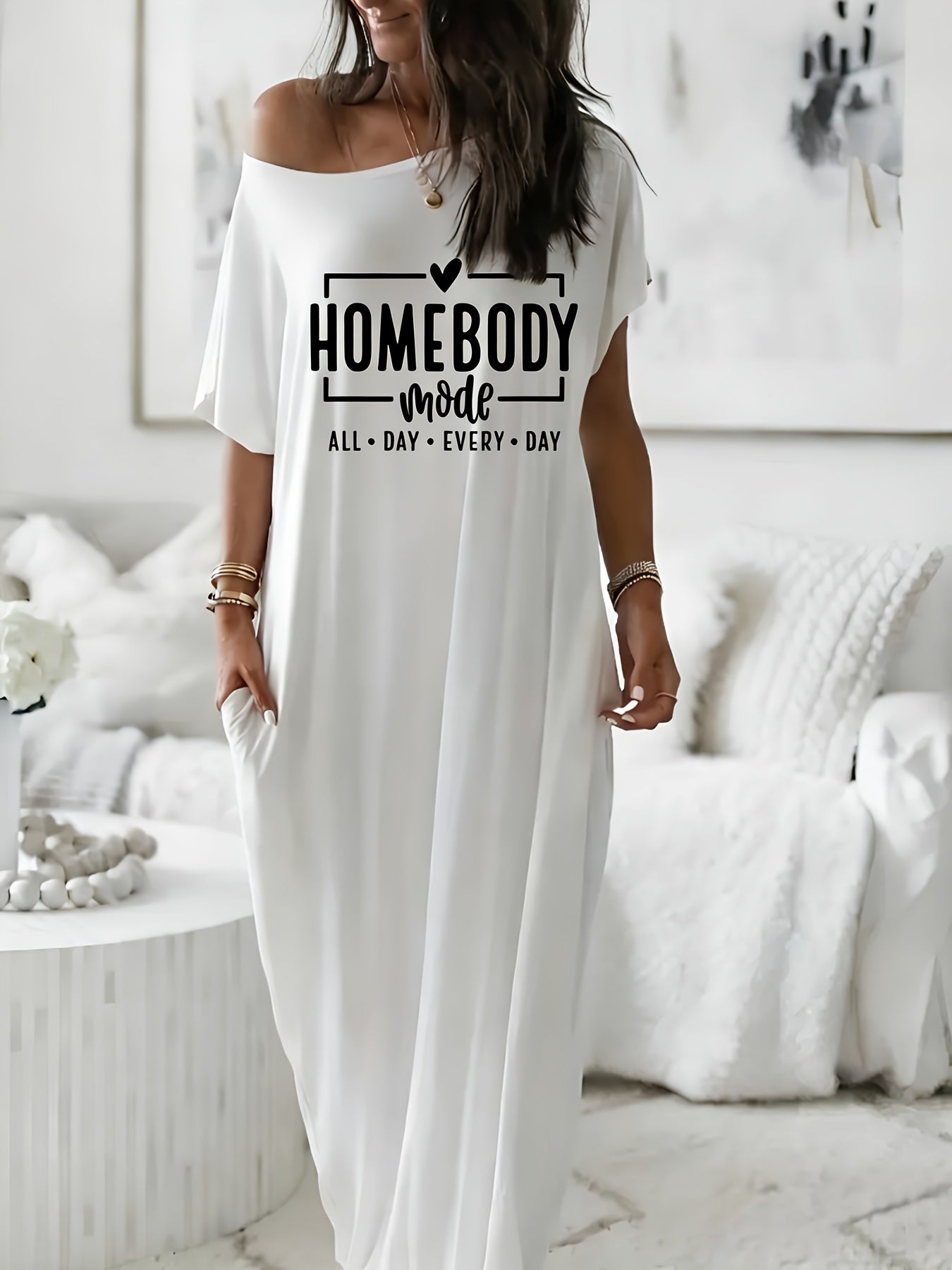 Relaxed Off-Shoulder Maxi Dress Featuring a Homebody-Themed Graphic Print, Suitable for Lounging, Outings, Or Gifting, Making It a Great Choice for New Year, Christmas, Valentine'S Day, And More