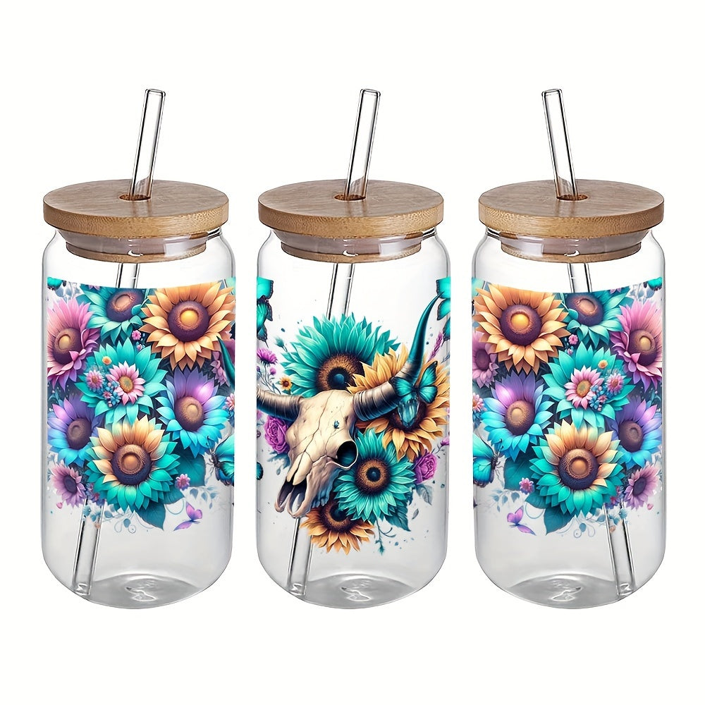 Bull Skull 4pcs Set UV DTF Self-Adhesive Cup Wraps, Waterproof & Scratch-Resistant 3D Crystal Stickers for Tumblers & Bottles - Premium Quality Decals (4.3"x9.4")