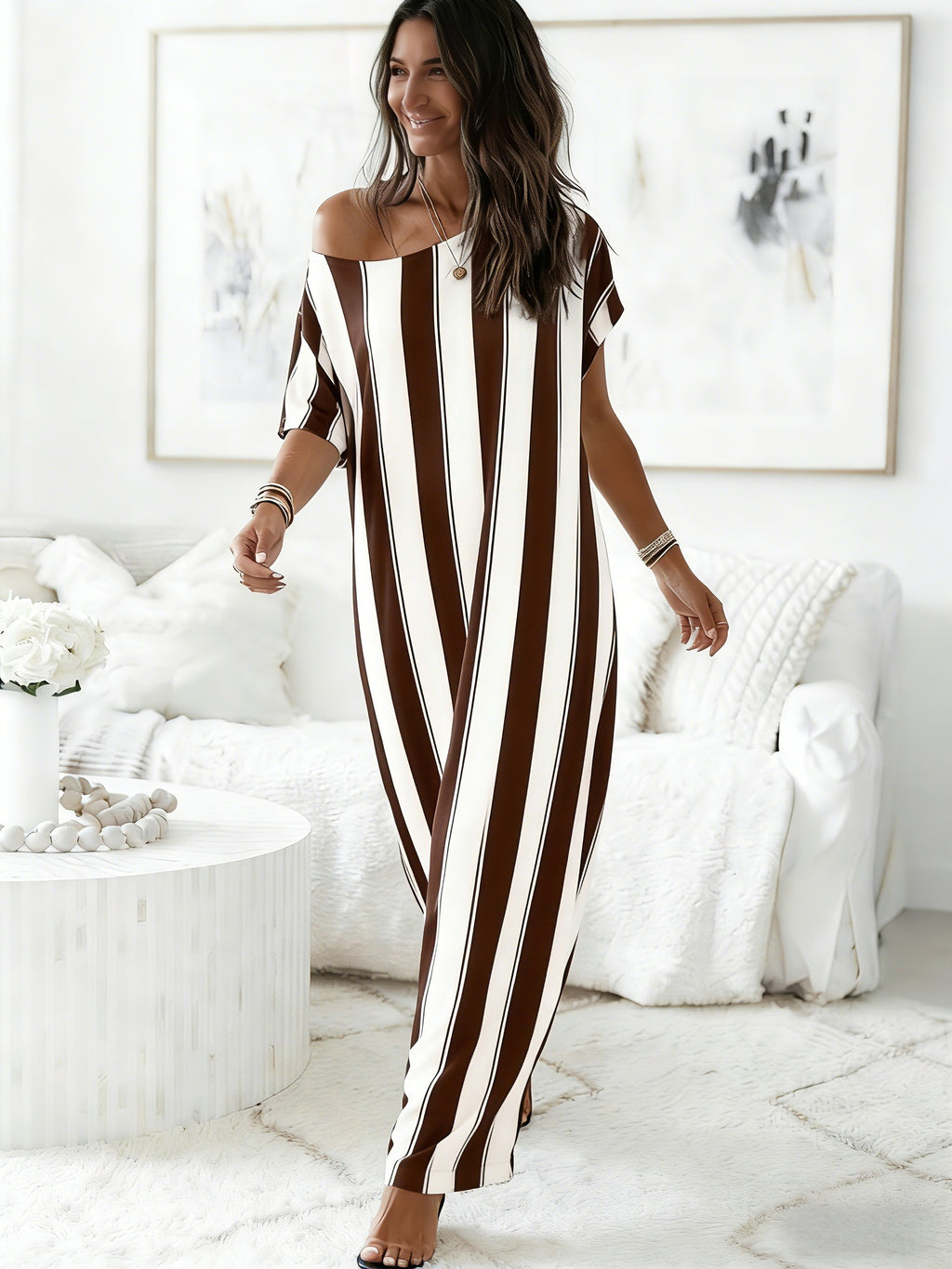 European and American Spring/Summer Women's Striped Print Fashion Design Oversized Round Neck Loose Fit Short Sleeve Long Nightgown with Pockets. Home Dress