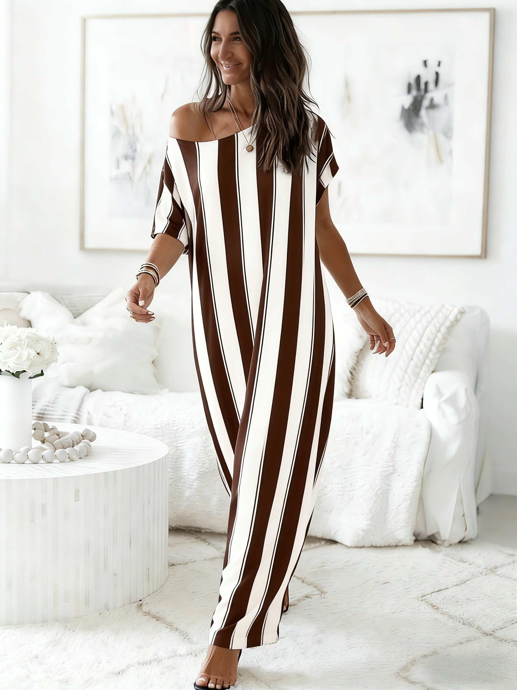 European and American Spring/Summer Women's Striped Print Fashion Design Oversized Round Neck Loose Fit Short Sleeve Long Nightgown with Pockets. Home Dress