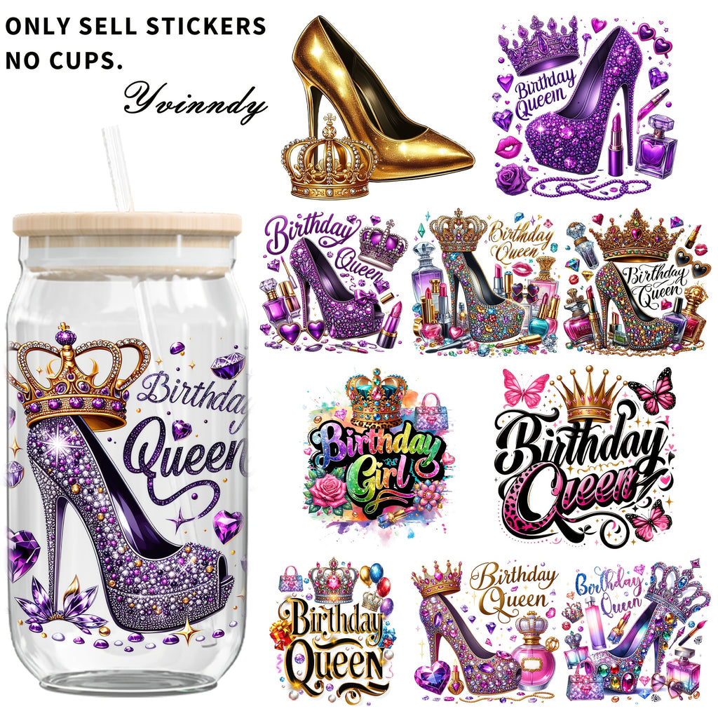 5pcs YVINNDY UV DTF Transfer Sheets - Purple Birthday Queen High Heels & DIY Iron-On Vinyl Wraps Suitable for Tumblers, Cups, Party Decorations