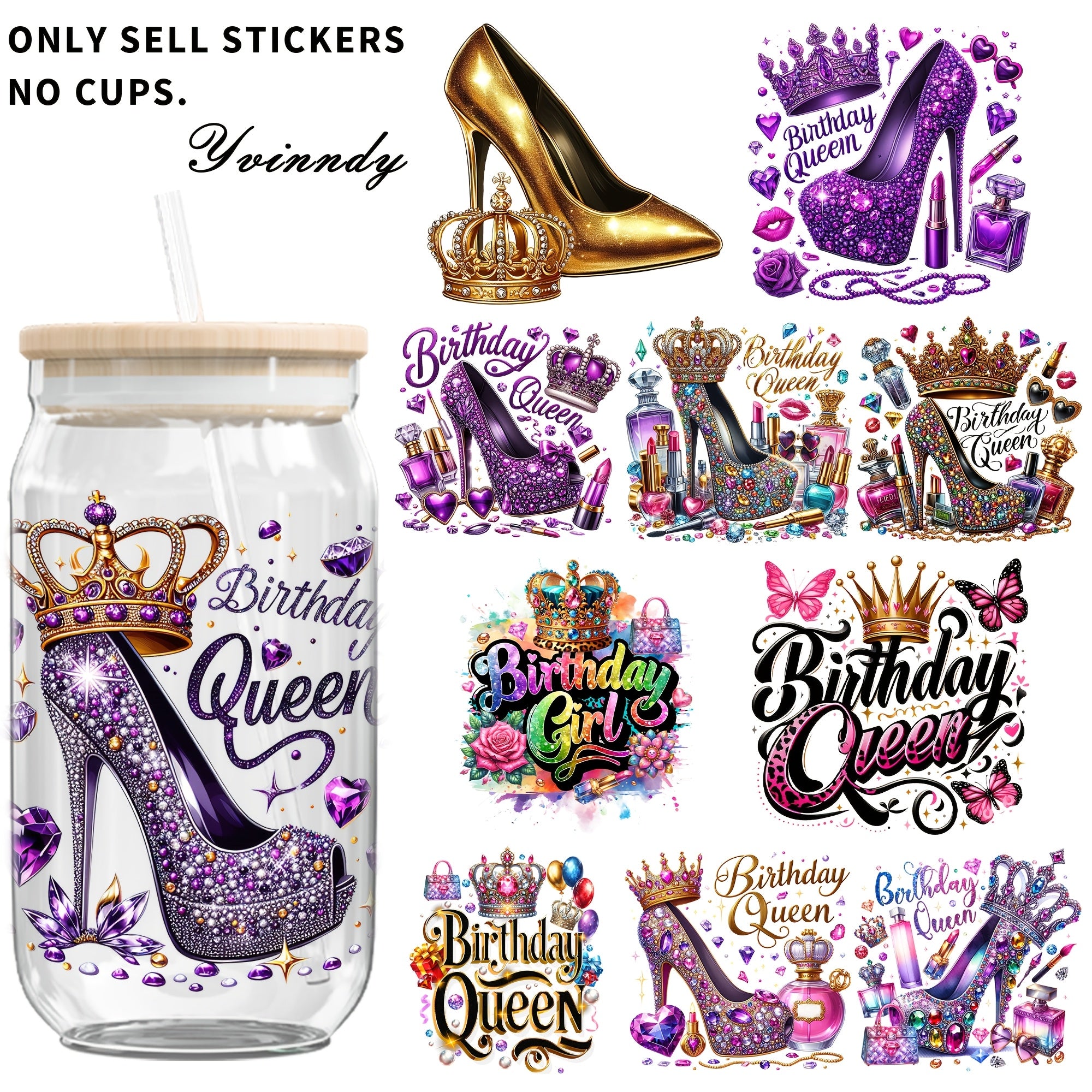 5pcs YVINNDY UV DTF Transfer Sheets - Purple Birthday Queen High Heels & DIY Iron-On Vinyl Wraps Suitable for Tumblers, Cups, Party Decorations