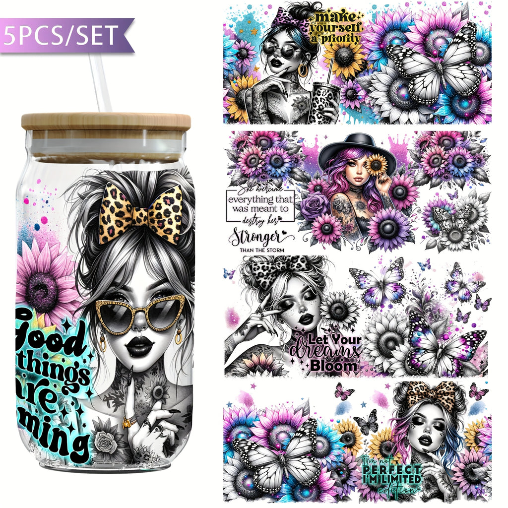 5pcs UV DTF Transfer Paper for 16oz Cups - Waterproof & Scratch-Resistant, Vibrant Floral & Butterfly Designs with Inspirational Phrases, Perfect for DIY Crafts, Home Decor & Craft Project