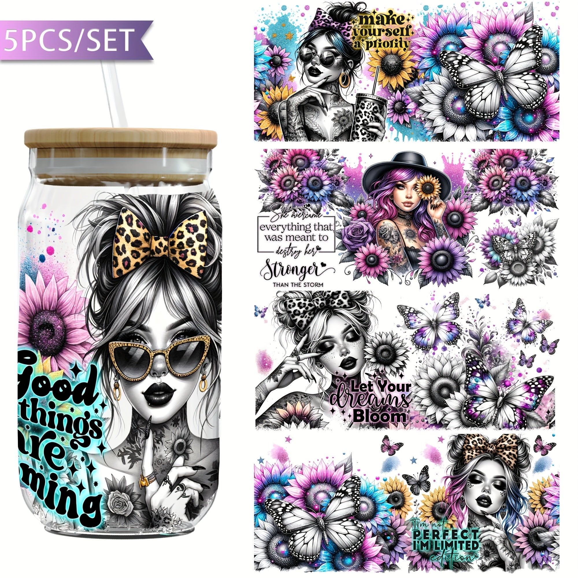5pcs UV DTF Transfer Paper for 16oz Cups - Waterproof & Scratch-Resistant, Vibrant Floral & Butterfly Designs with Inspirational Phrases, Perfect for DIY Crafts, Home Decor & Craft Project