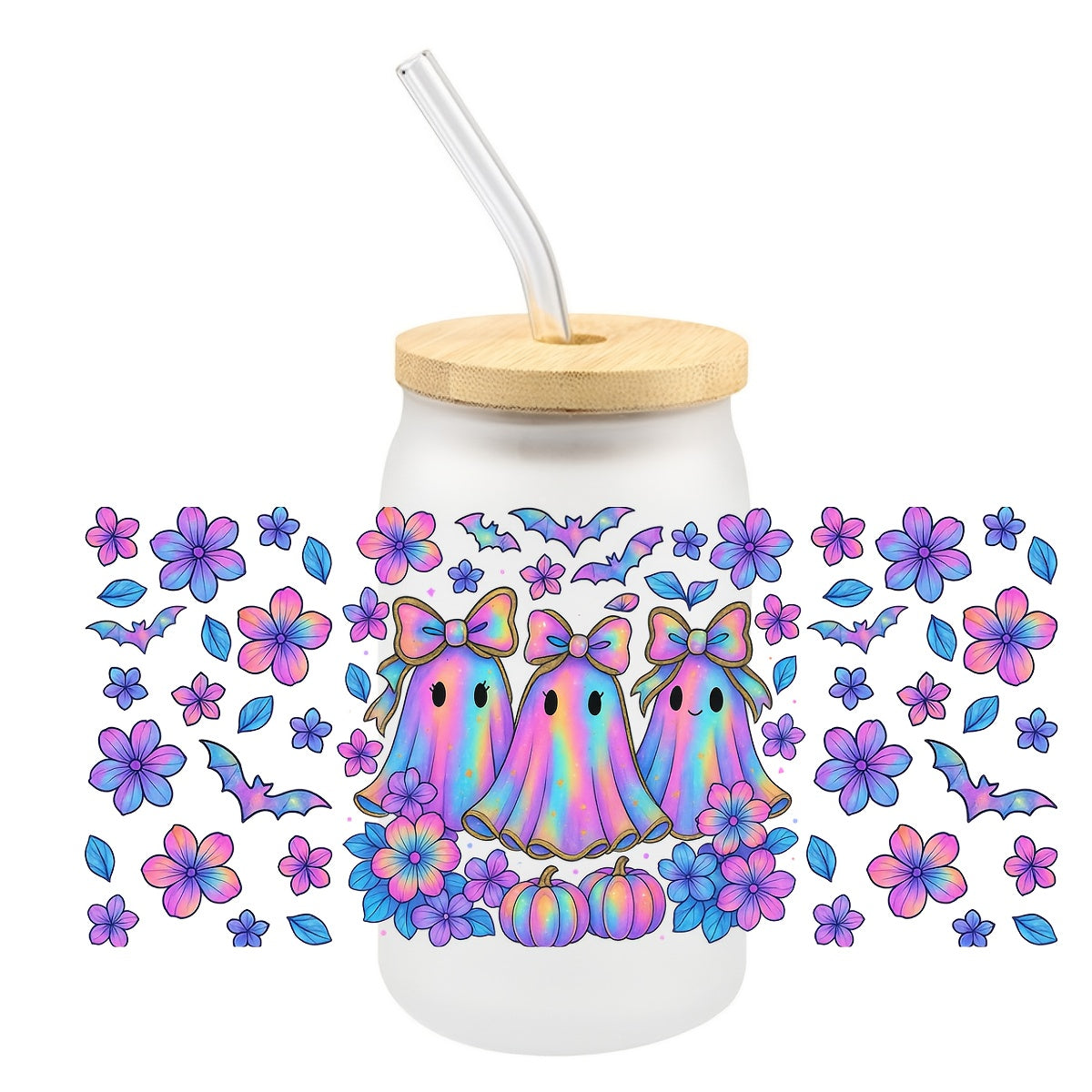 2D Flat Sticker Four Cartoon Halloween Graffiti Design UV Transfer Sticker UVDTF Cup Sticker, Size 4.33 Inches X 9.45 Inches, Suitable for Various Projects. Cup Sticker, 2D Flat