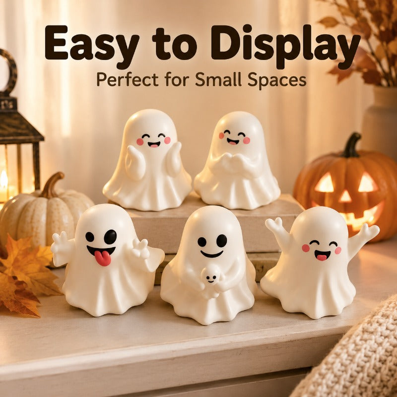 5pcs Set of Cute Figurines, Halloween Tabletop Decorations, Resin Statues with Various Funny Expressions, Spooky Farmhouse Home Shelf Tabletop Ornaments