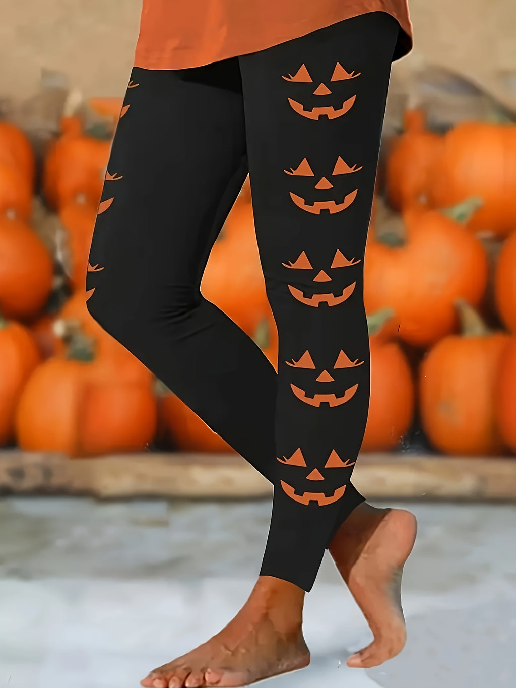 Women's Halloween Pants - Skinny Fit Leggings with Pumpkin Print, Non-Transparent Stretchy Fabric for Halloween Party Outfits, Year-Round Wear - Machine Washable Costume Pants, Festive Attire, Festive Design, Comfortable Wear, Holiday Attire, Trendy Desi