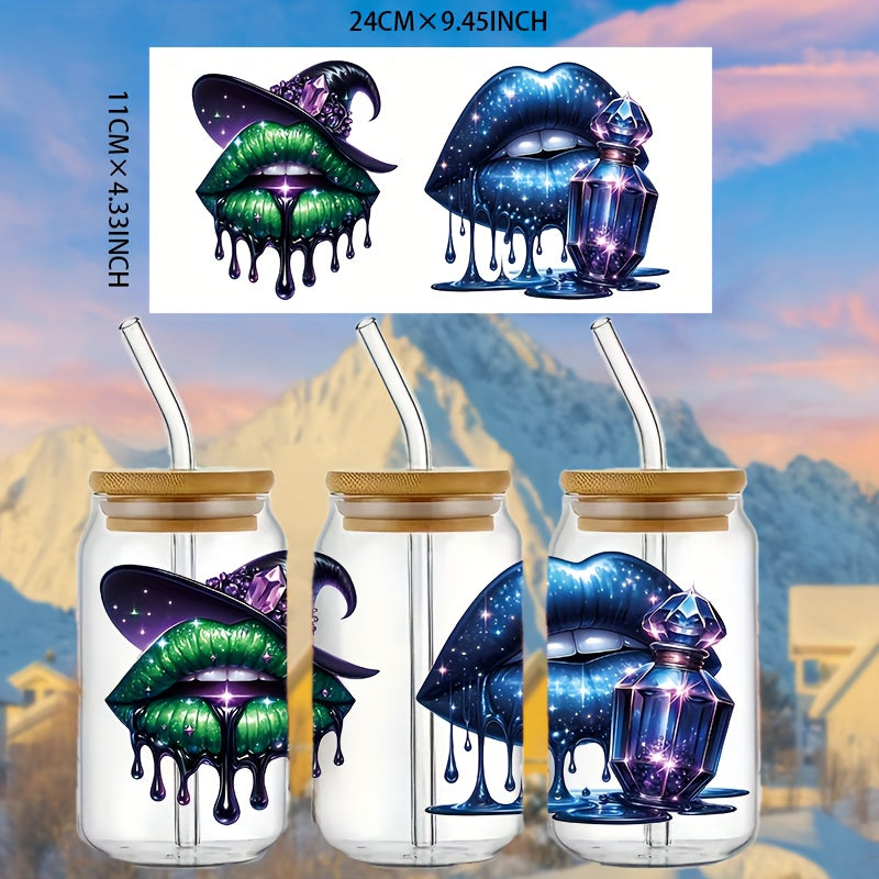 4 Sheets/set Halloween Lip Waterproof And Erasable UV DTF Transfer Paper Cup Set Suitable for 16 Ounce Glass Coffee Cups, Mugs, Ceramics, Computer Transfer Paper, Decoration, Etc., Various DIY, Suitable for Handicraft Enthusiasts (sold In Packaging, Cup