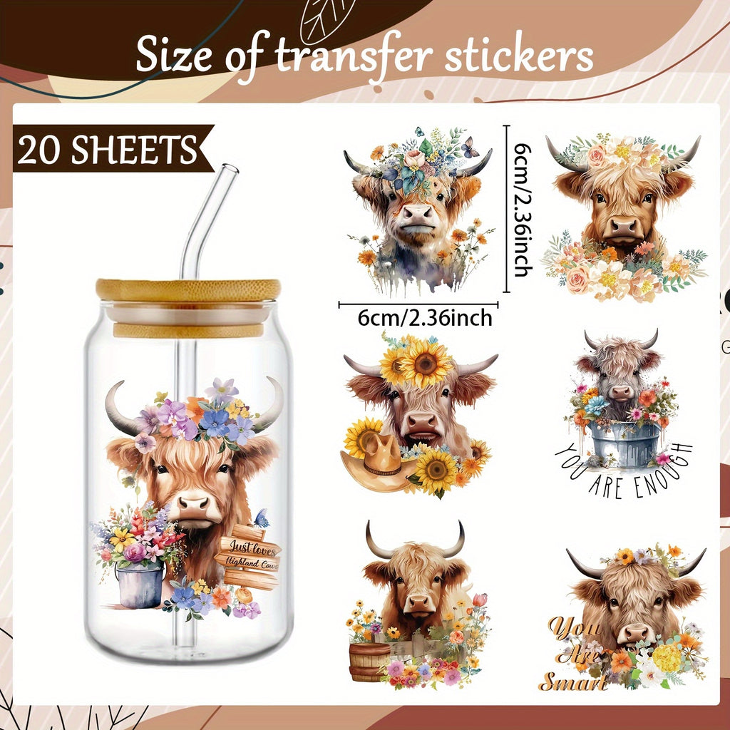 Set of 20 Highland Cow PVC Transfer, Ideal for Glass Cups, Featuring a Waterproof 3D Effect, User-Friendly, And Perfect for 16Oz UV DTF Glass Cups And Mugs