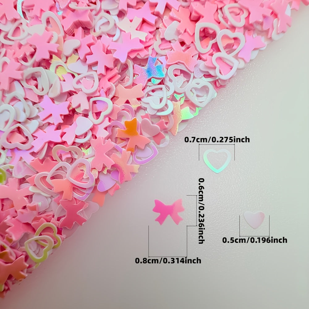 1680pcs, Shimmering Pink Bow And White Heart Mix Sequins | Holographic Iridescent Laser Glitter, PVC Material, Laser-Cut, Glossy And Shimmering, Perfect for Parties, Mother'S Day, Weddings, Nail Art, Birthday Parties, Crafts, Pop-Up Cards