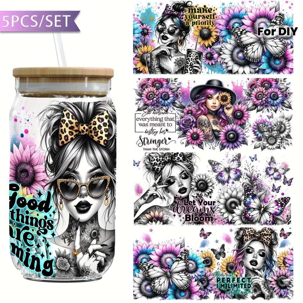 5pcs UV DTF Transfer Paper for 16oz Cups - Waterproof & Scratch-Resistant, Vibrant Floral & Butterfly Designs with Inspirational Phrases, Perfect for DIY Crafts, Home Decor & Craft Project