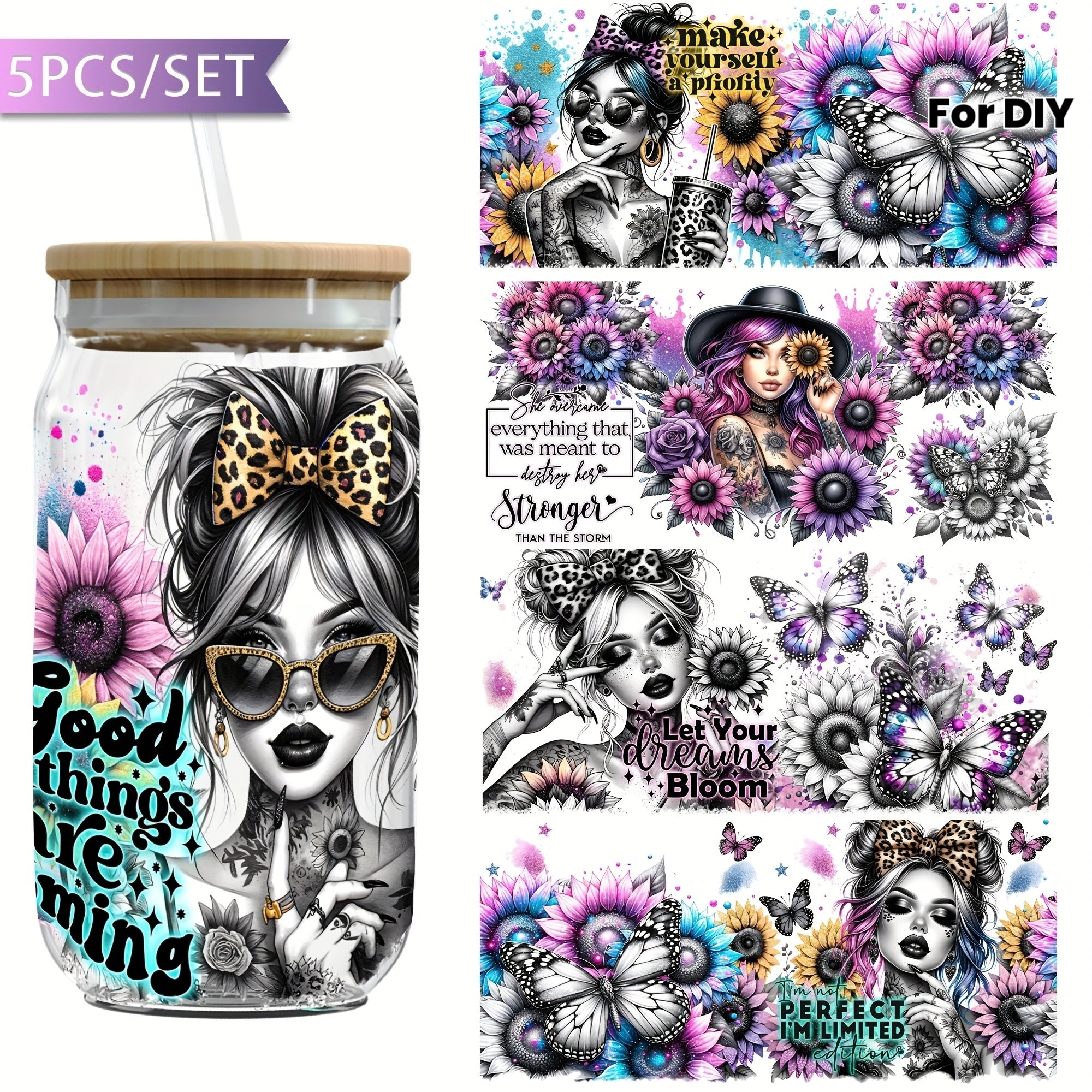 5pcs UV DTF Transfer Paper for 16oz Cups - Waterproof & Scratch-Resistant, Vibrant Floral & Butterfly Designs with Inspirational Phrases, Perfect for DIY Crafts, Home Decor & Craft Project