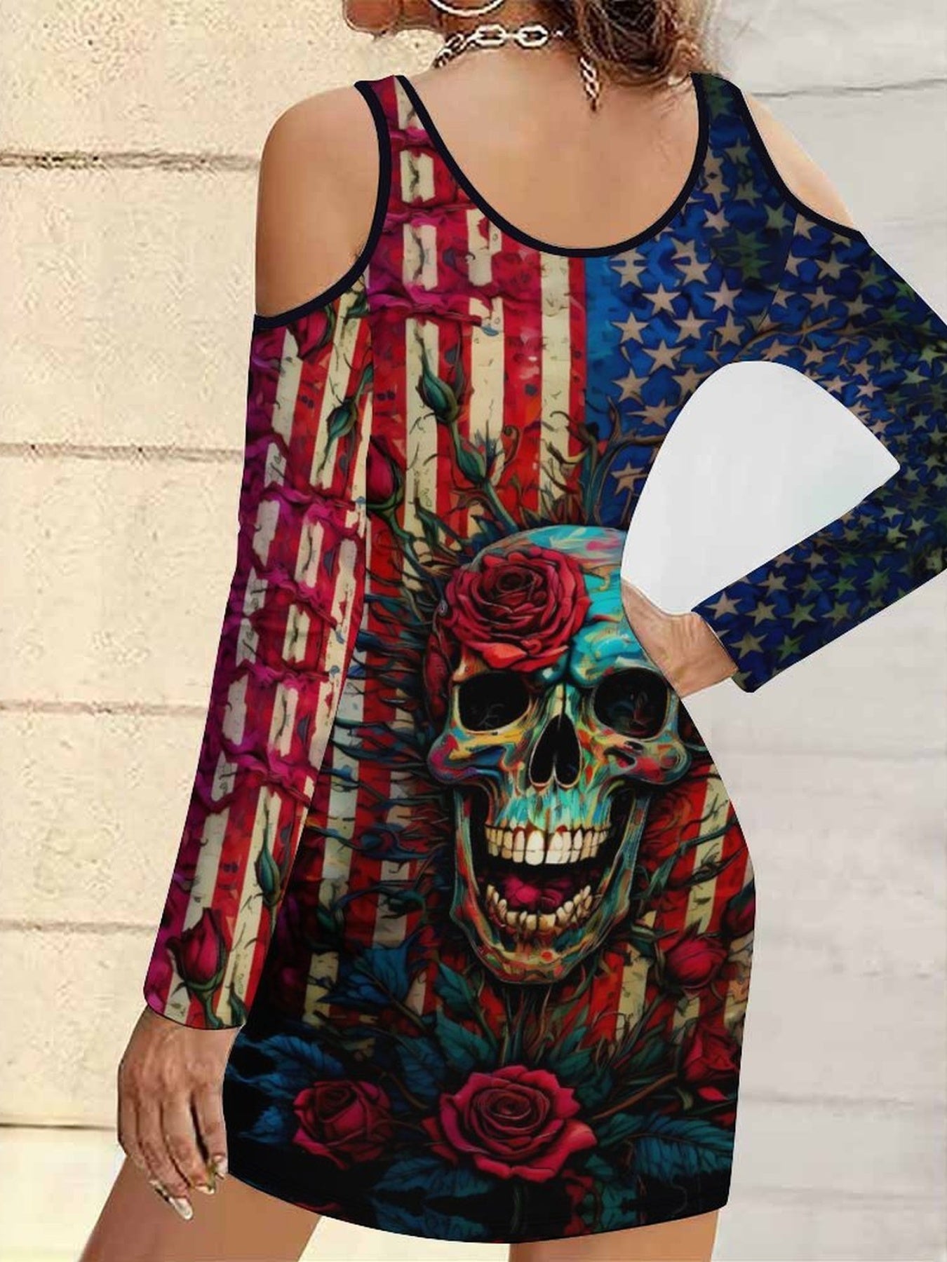 Standard Size Women's Off-shoulder Bodycon Long-sleeve Pocket Sports Dress, Featuring A National Flag Print Pattern, Suitable for Daily Wear and Outdoor Gatherings.