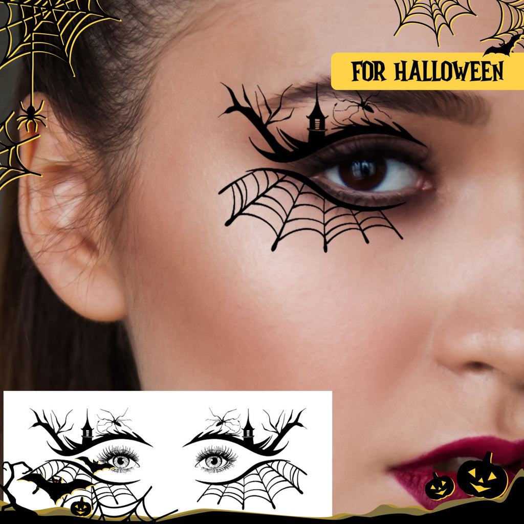10 Halloween-Themed Eye Tattoos Featuring Designs of Skulls, Pumpkins, Cats, Bats, Spiders, And Spider Webs, Perfect for Quirky Face Makeup at Halloween Parties