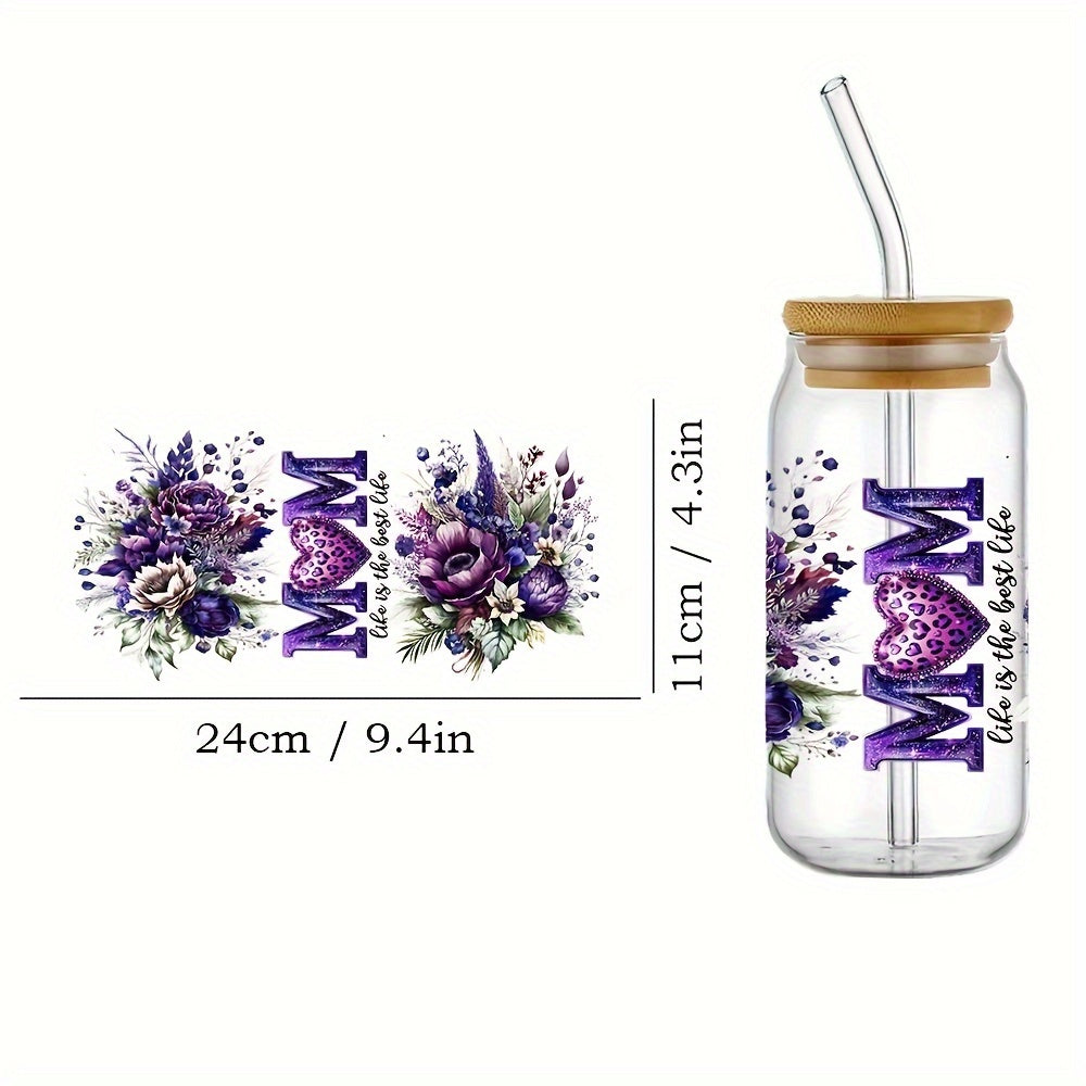 Mom Flowers Transfer Stickers, 4pcs Set, UV DTF Self-Adhesive 3D Crystal Decals for Glassware, Scratch-Resistant Plastic Wrap, High-Quality Stickers for Cups And Bottles - 4.3" X 9.4"