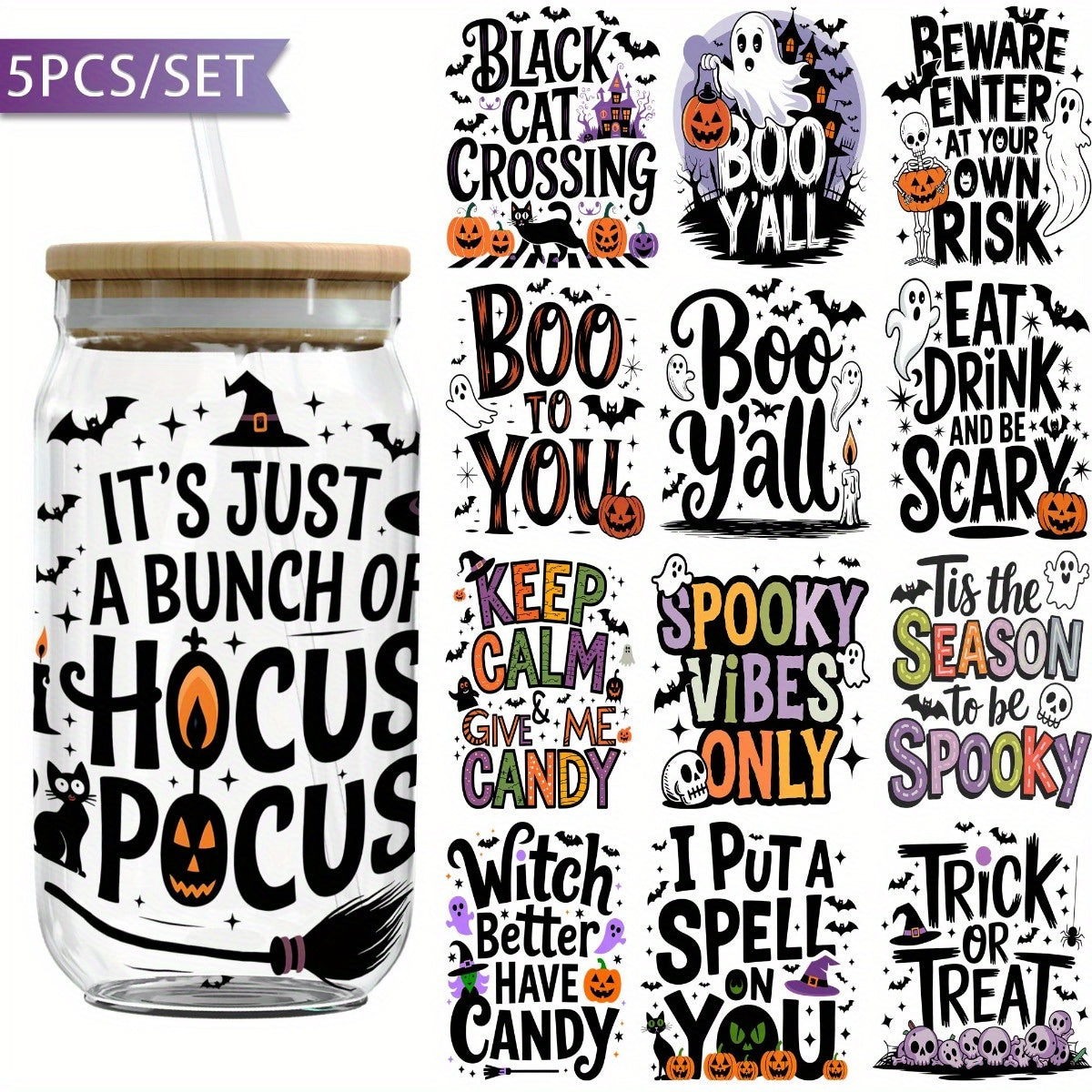 Five Sheets of Fun Halloween UV DTF Transfer Paper That Is Waterproof And Scratch-Resistant, Ideal for 16Oz Cups, Bottles, And Home Decor. This Halloween Transfer Paper Is Perfect for Craft Projects