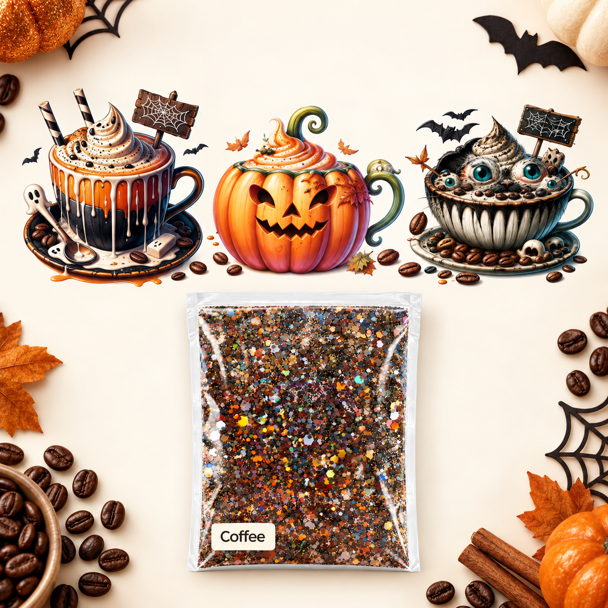 Spooky Pumpkin & Monster Coffee Wrap + Coffee Glitter Bundle