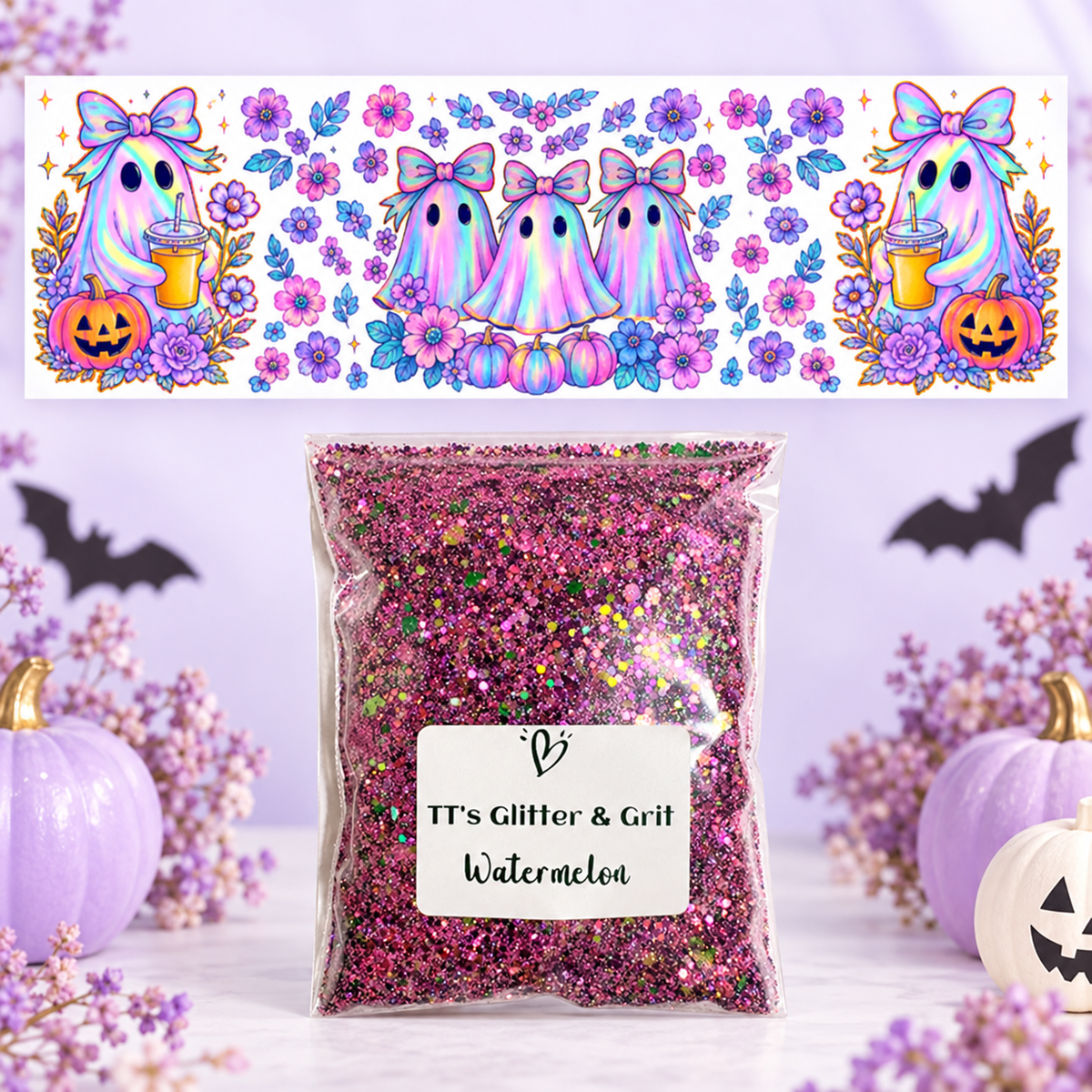 Pastel Bow Ghost Family Wrap + Watermelon Glitter Bundle