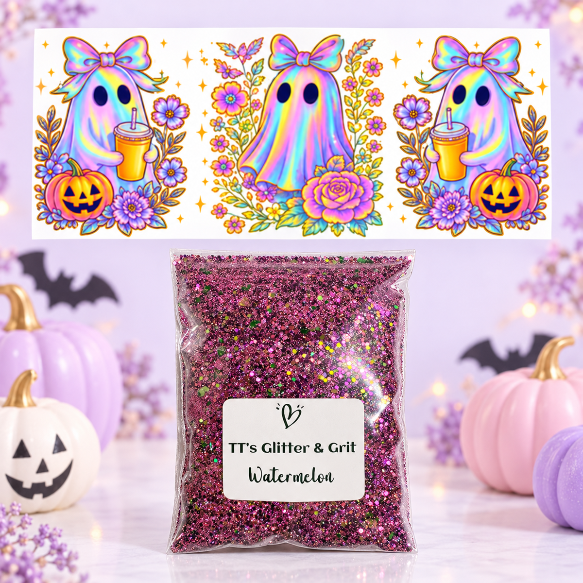 Pastel Floral Ghost Garden Wrap + Watermelon Glitter Bundle