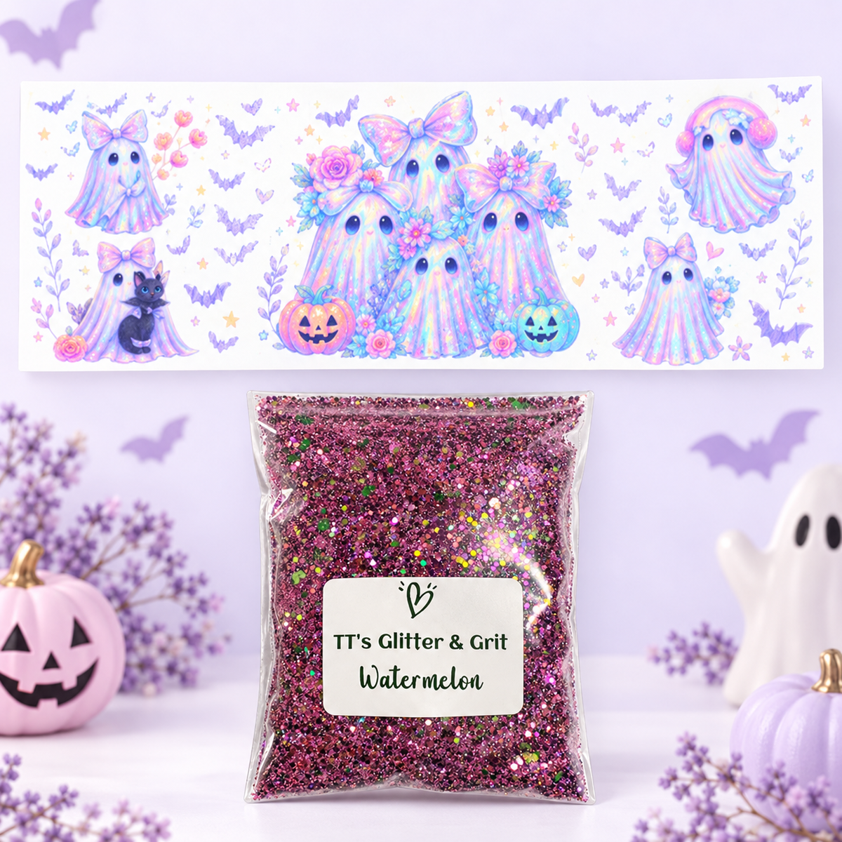 Pastel Ghost Family & Black Cat Wrap + Watermelon Glitter Bundle