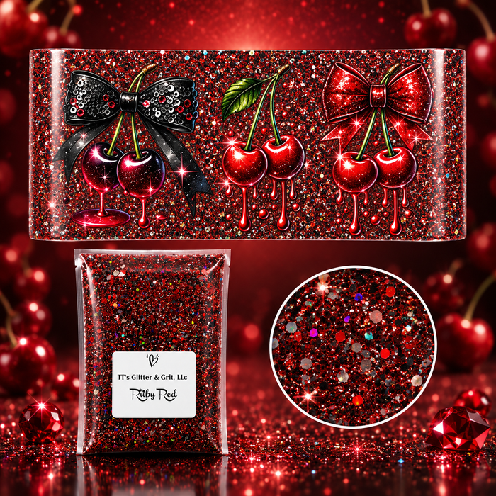 Black & Red Dripping Cherries Tumbler Wrap & Ruby Red Glitter Bundle