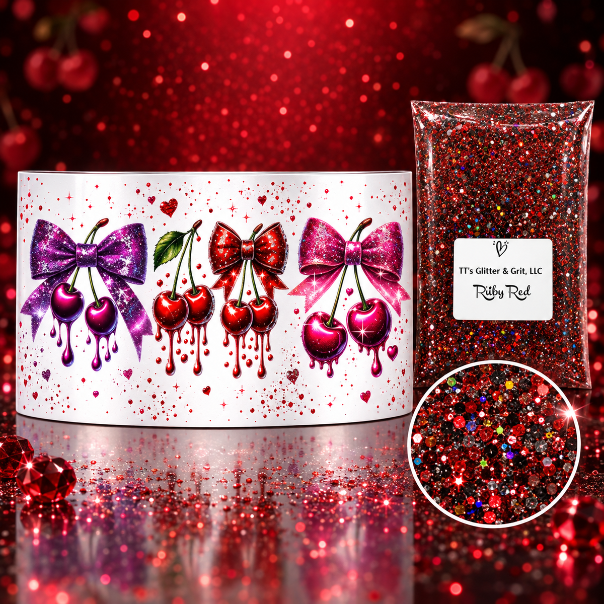 Sweet & Sassy Cherry Bows Tumbler Wrap & Ruby Red Glitter Bundle
