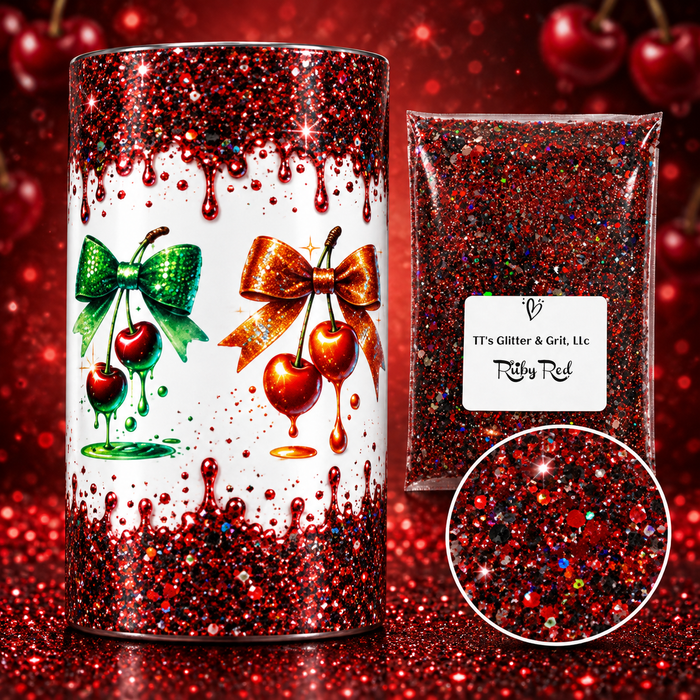 Green & Orange Dripping Cherries Tumbler Wrap & Ruby Red Glitter Bundle