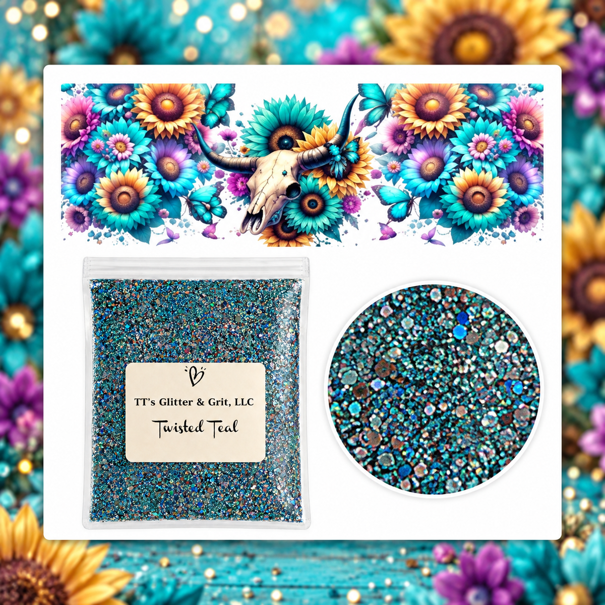 Wildflower Longhorn Tumbler Wrap & Twisted Teal Glitter Bundle