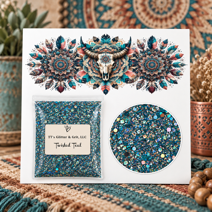 Mystic Spirit Longhorn Tumbler Wrap & Twisted Teal Glitter Bundle
