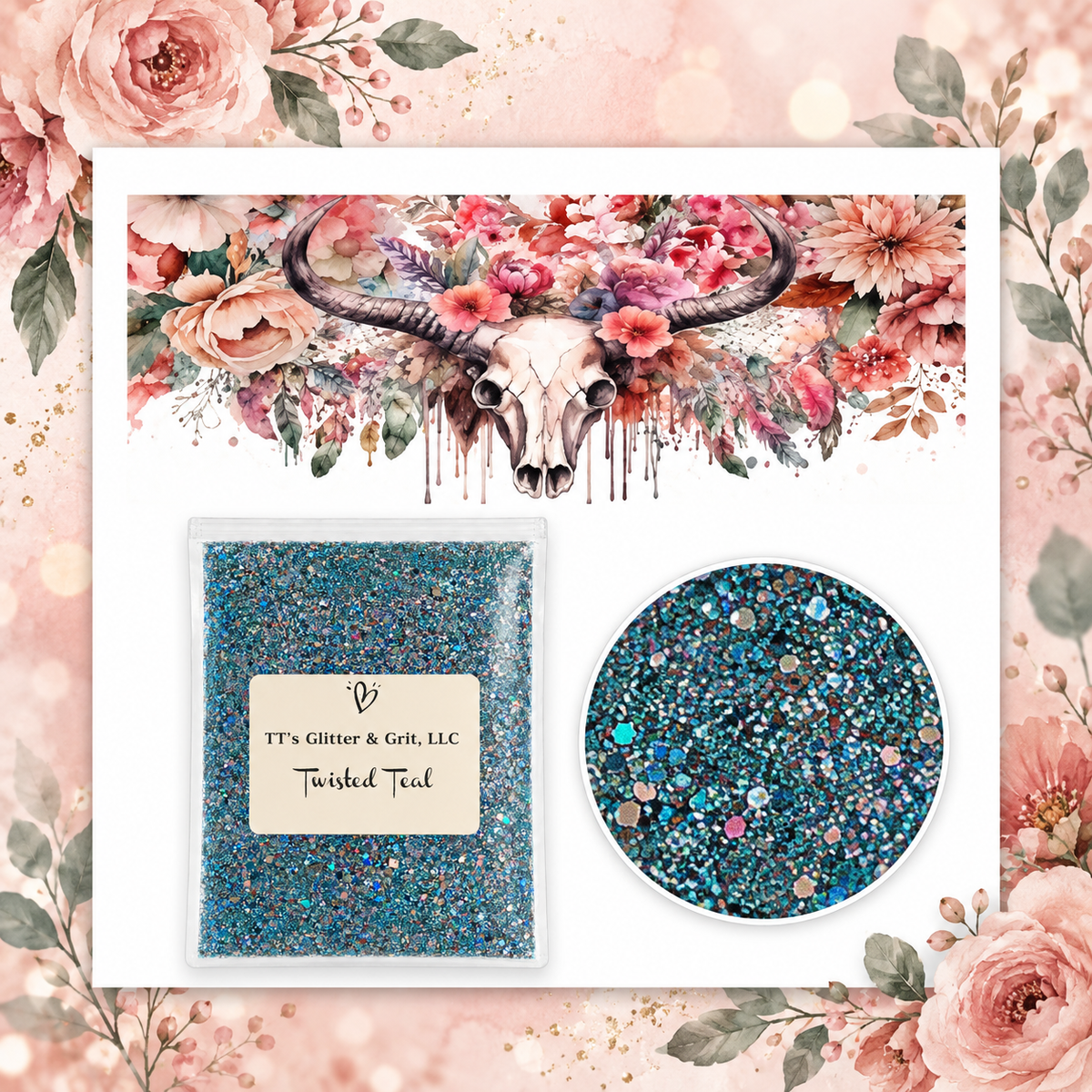 Blush & Bones Floral Tumbler Wrap & Twisted Teal Glitter Bundle