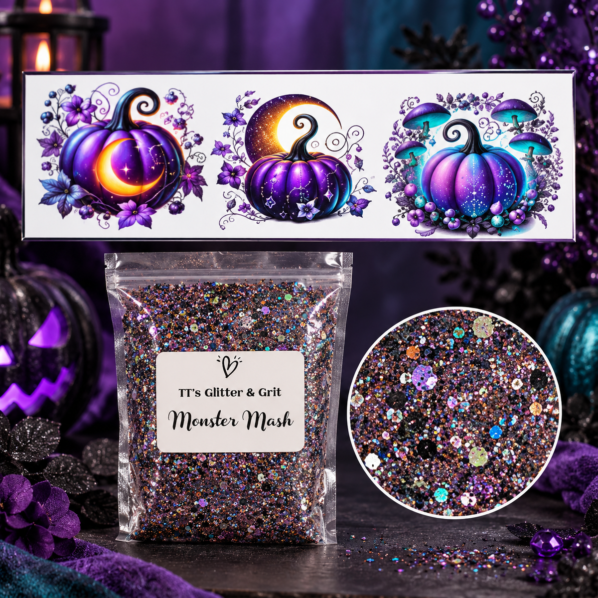 Mystical Moon Pumpkin Tumbler Wrap & Monster Mash Glitter Bundle
