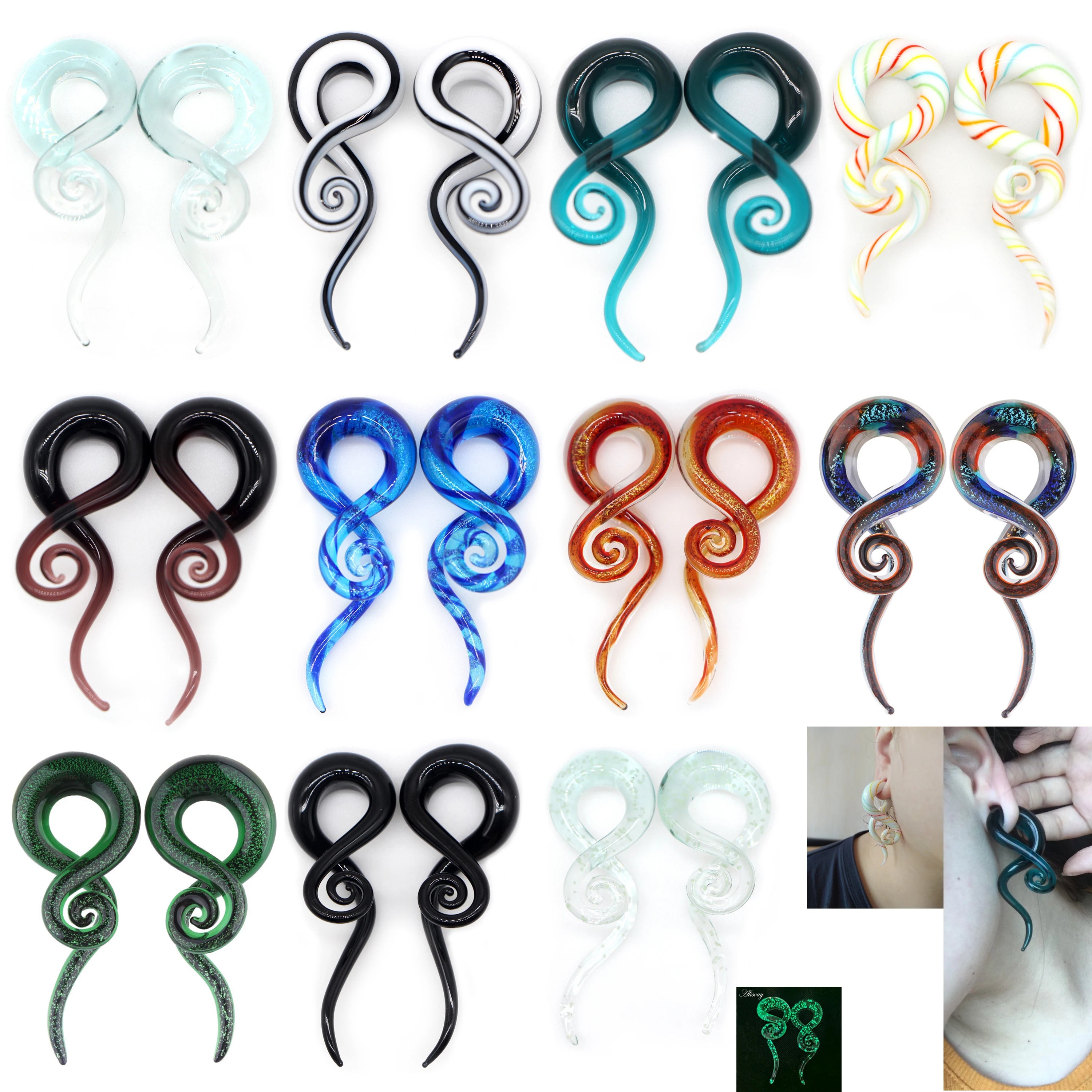 Alisouy 1 pair Glass Ear Spiral Taper Gauge Ear Plug Stretching Expander Piercing Glass Gauge 5-14mm Body Jewelry Piercing
