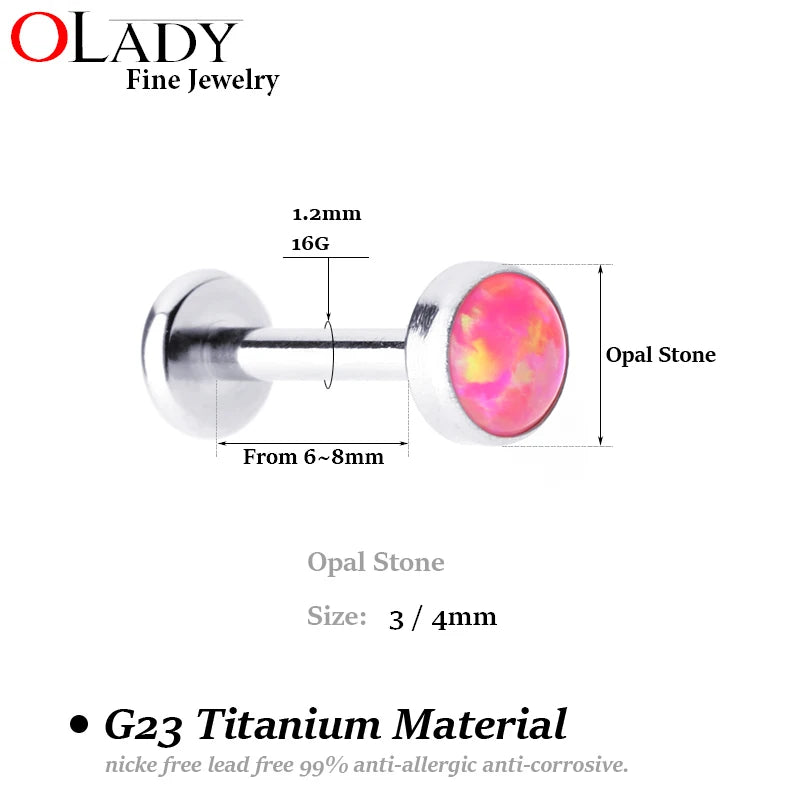Opal Titanium Labret Studs 16G 1.2mm - Internal Thread Lip Ear Piercing Jewelry, 3/4/5mm Hypoallergenic Body Jewelry