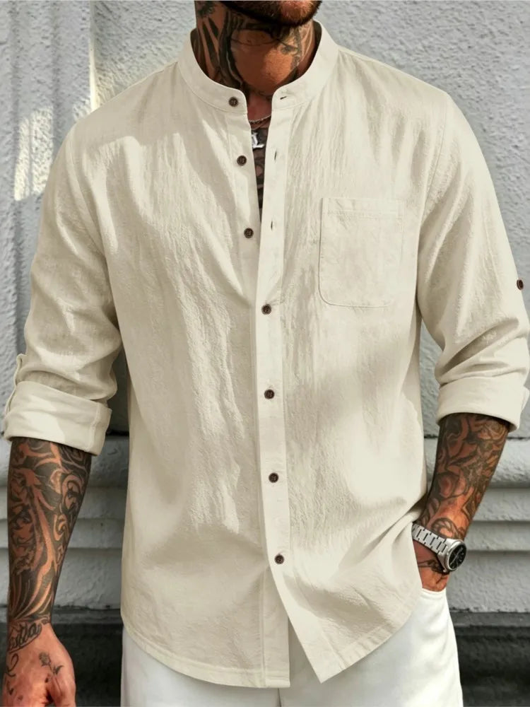 New Men's Solid Color Long Sleeve Shirt Linen Cotton Shirts Trend Plus-size Stand Collar Casual Lightweight Beach Tops versatile