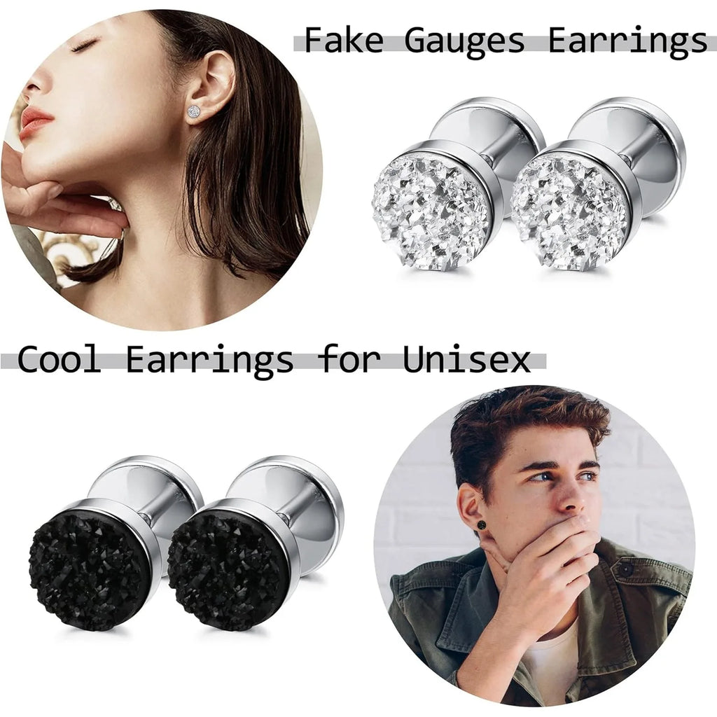 9 Pairs Stainless Steel Stud Earrings for Men Women Round Cheater Plug Faux Gauges Ear Tunnel Mens Earrings
