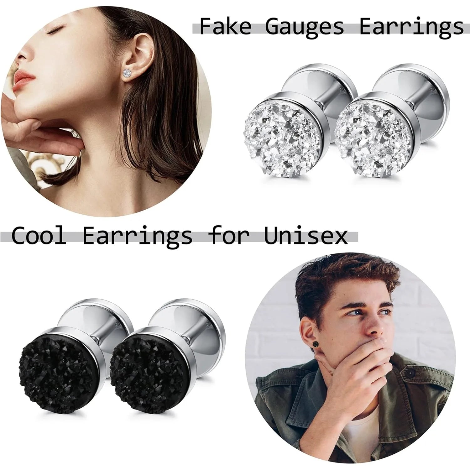 9 Pairs Stainless Steel Stud Earrings for Men Women Round Cheater Plug Faux Gauges Ear Tunnel Mens Earrings