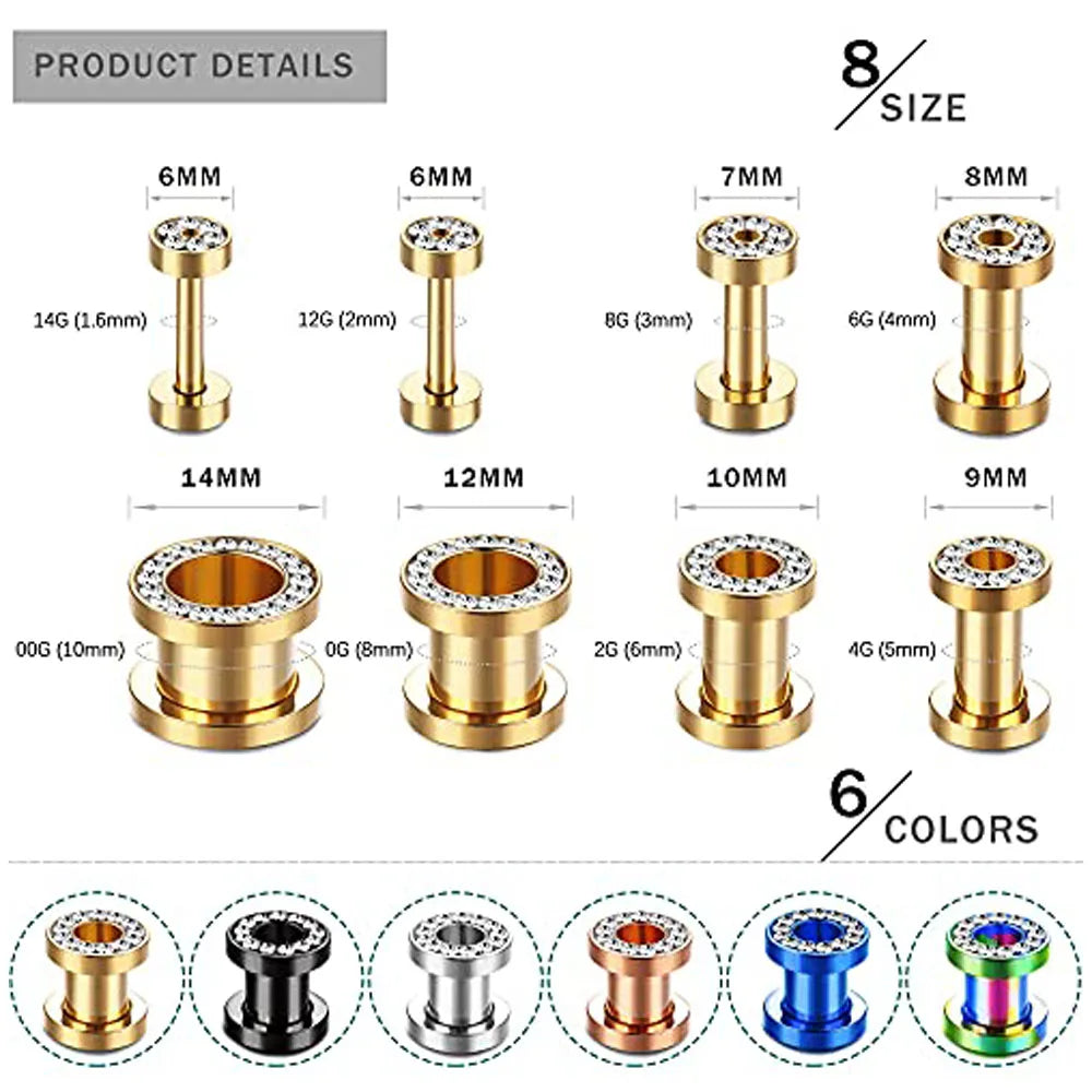 2PCS Ear Tunnel Expander Earrings Stainless Steel with Zircon Plugs Stretcher Piercings Jewelry Double Flared Screw Fit Gauges