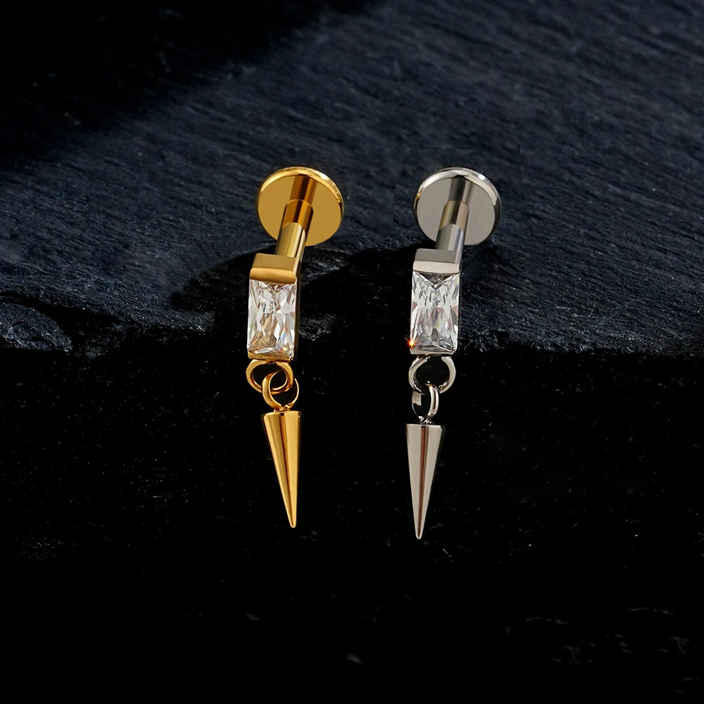 Right Grand ASTM F136 Titanium Square CZ Stud Cone Spike Dangle Earring 16G Internally Threaded Flat Back Labret Piercing
