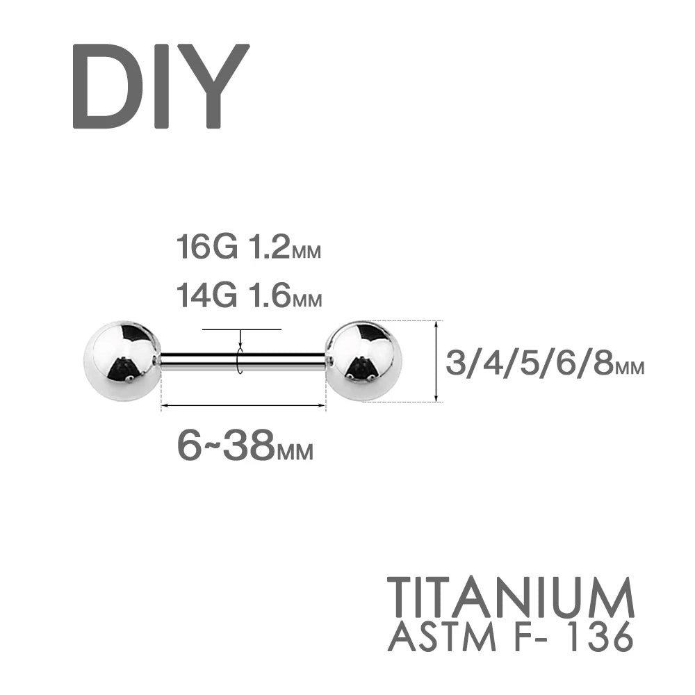 ASTM F136 Titanium Threaded Barbell Bar 6-38mm Body Jewelry Screw-in Tongue Nipple Cartilage Earring 14G 16G Micro Piercing