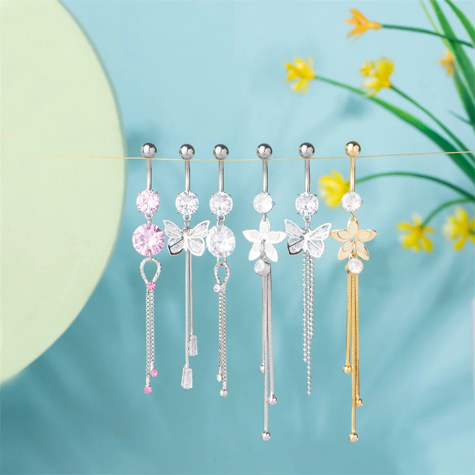Long Chain Tassel Flower Dangle Belly Button Ring for Women Stainless Steel Navel Piercing Jewelry Party Beach Body Accessories