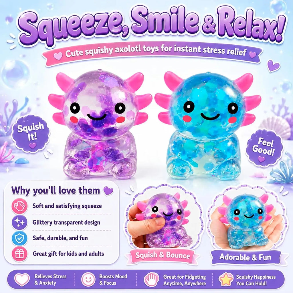 Axolotl Squishy Toy, Glitter Fidget Toys Cute Axolotl Stress Relief Squeeze Toy Gifts Youth Adult, Party Favors Squishies Toys