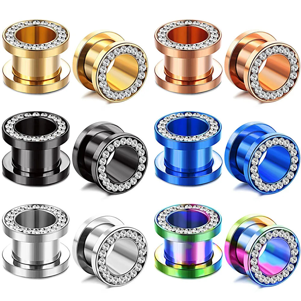 2PCS Ear Tunnel Expander Earrings Stainless Steel with Zircon Plugs Stretcher Piercings Jewelry Double Flared Screw Fit Gauges