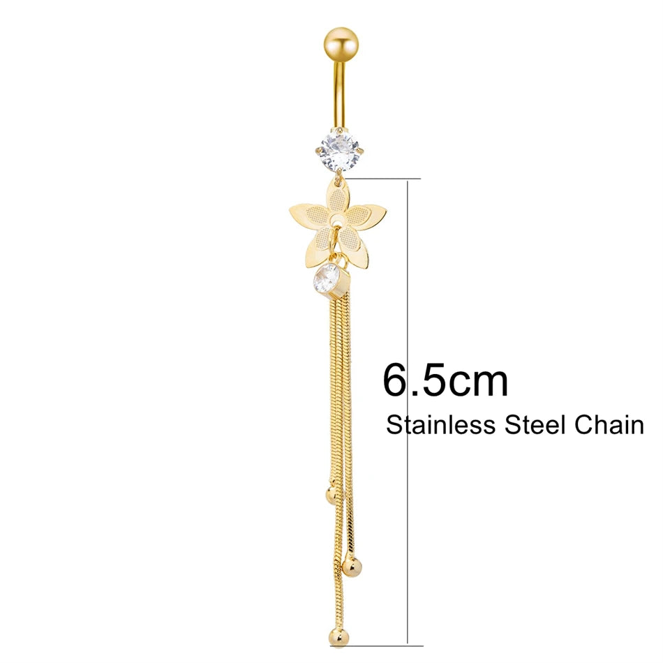 Long Chain Tassel Flower Dangle Belly Button Ring for Women Stainless Steel Navel Piercing Jewelry Party Beach Body Accessories
