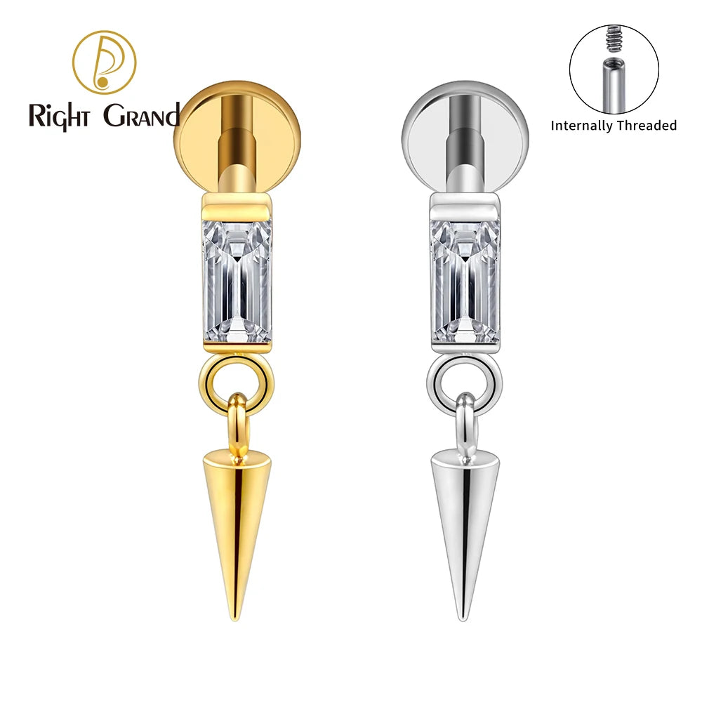 Right Grand ASTM F136 Titanium Square CZ Stud Cone Spike Dangle Earring 16G Internally Threaded Flat Back Labret Piercing