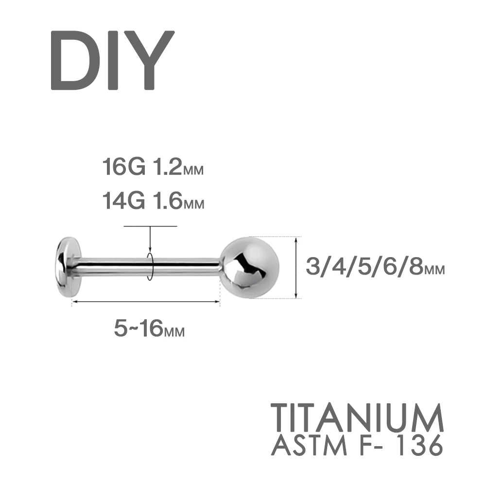 ASTM F136 Titanium Threaded Labret Studs 14G 16G Screw-in Lip Rings 5-16mm Bars 3-8mm Balls Hypoallergenic Body Jewelry