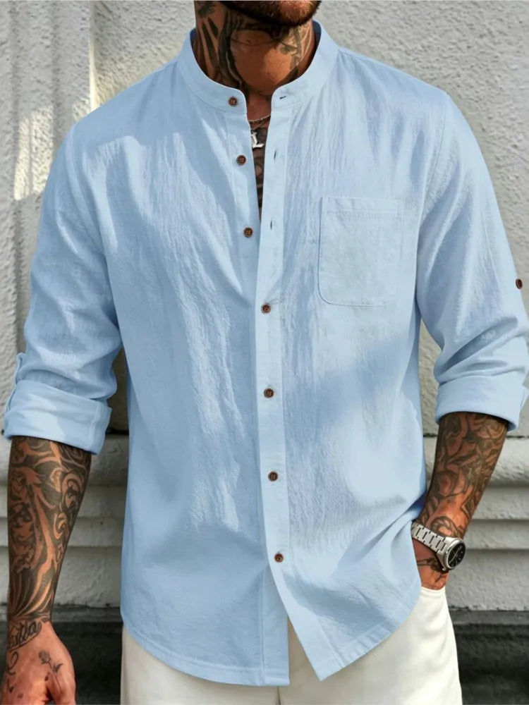 New Men's Solid Color Long Sleeve Shirt Linen Cotton Shirts Trend Plus-size Stand Collar Casual Lightweight Beach Tops versatile